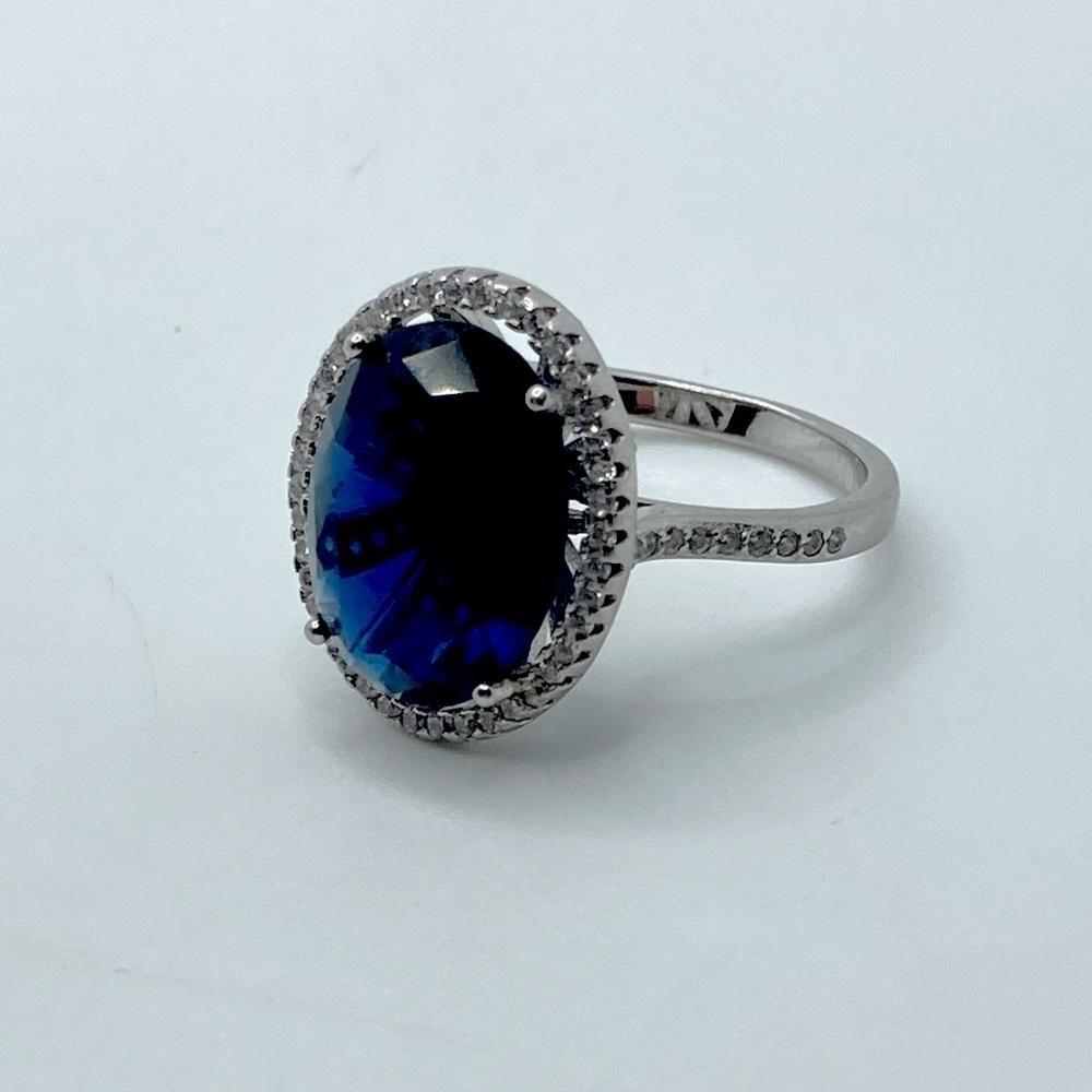 VTG Sterling Silver Blue Glass & White CZ Stone Cocktail Statement Ring Sz 9